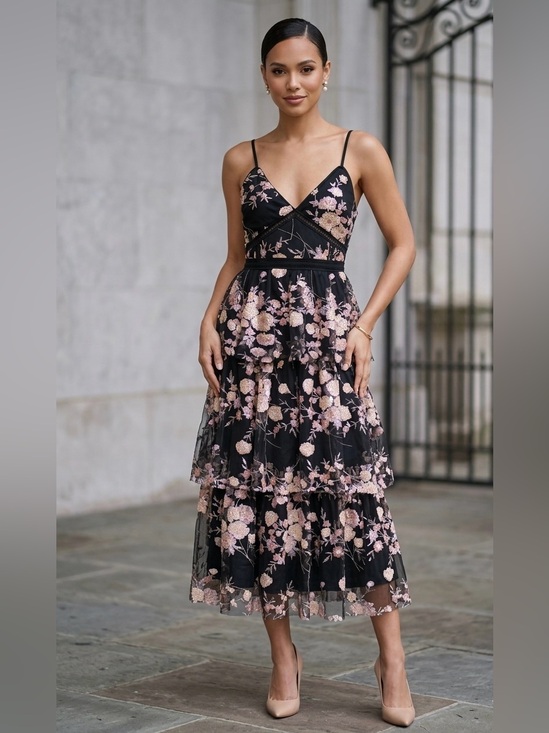 Lulus Dresses & Skirts - Lulus Tiered Black Mesh Maxi Dress with Peach Floral Sequin Detail, Size Small